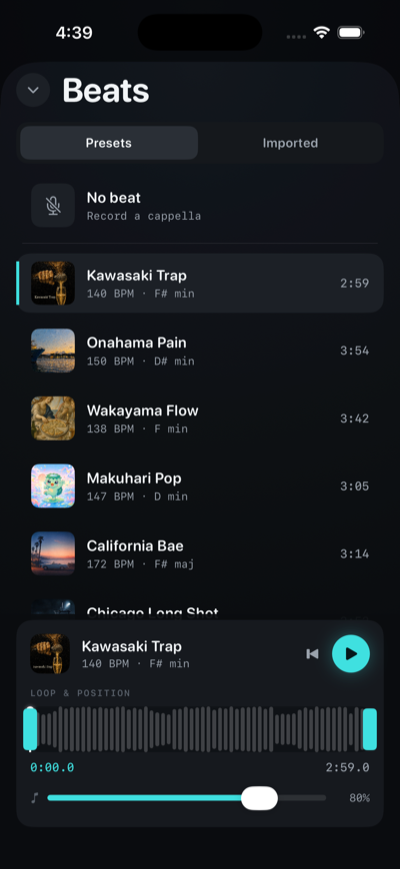 Screen for picking a beat and recording