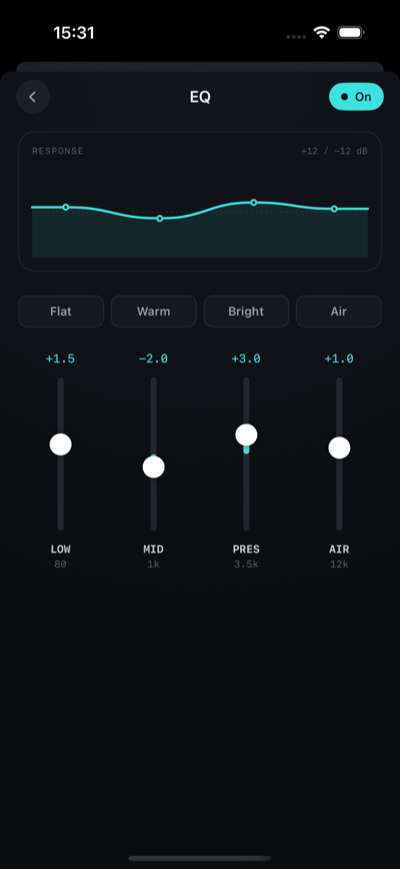 EQ and reverb adjustment screen